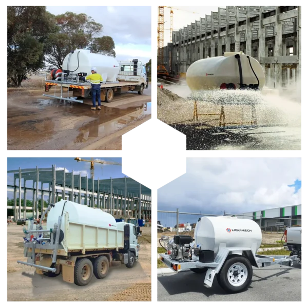 Liquimech sliding water carts and trailers in action on-site for dust suppression, fire-fighting, irrigation, and bulk water delivery in Australia
